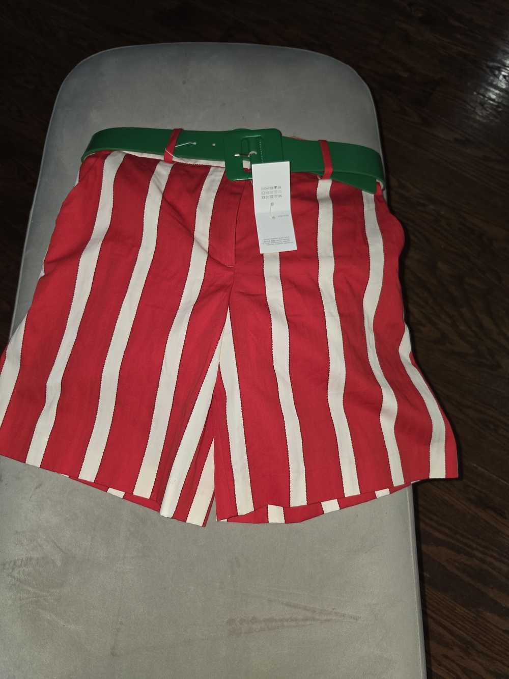 Zara Red and White Striped High-Waist Shorts with Green Belt Loop
